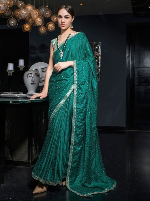 Glamorous Teal-Green Zari Weaving Satin Function Wear Saree