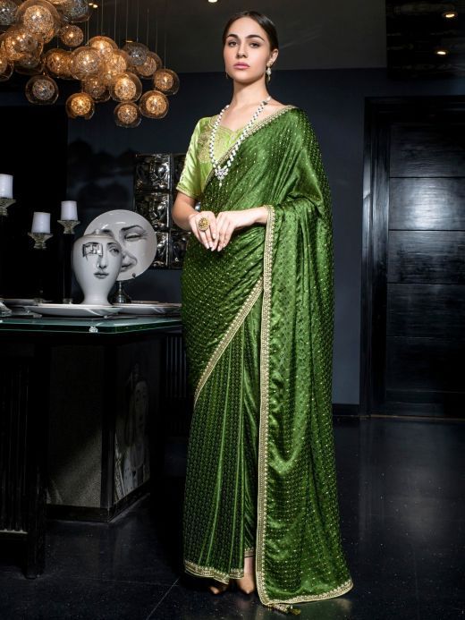 Beautiful Green Zari Weaving Satin Mehendi Wear Saree With Blouse