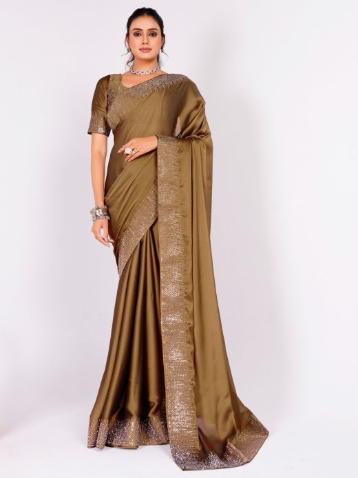 Fascinating Olive Green Stone Work Rangoli Silk Party Wear Saree With Blouse
