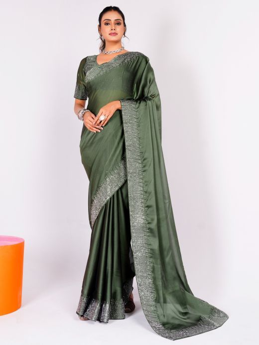 Mesmerizing Dusty Green Stone Work Rangoli Silk Designer Saree With Blouse