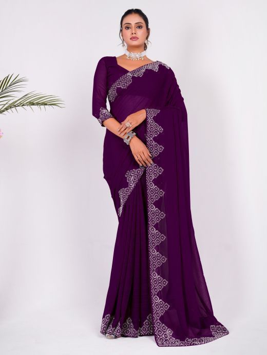 Fascinating Purple Swarovski Work Georgette Party Wear Saree