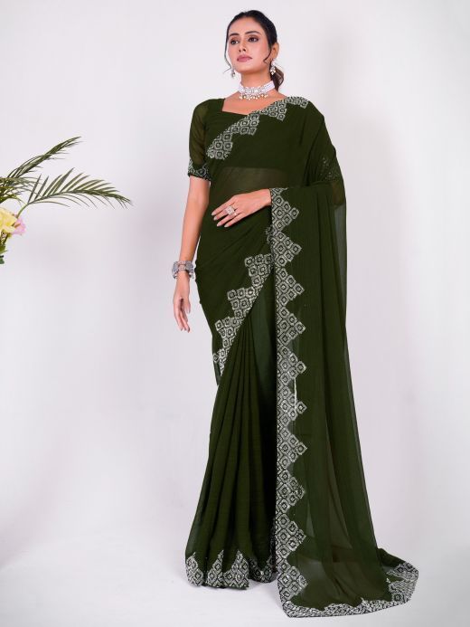 Enchanting Green Swarovski Work Georgette Mehendi Wear Saree