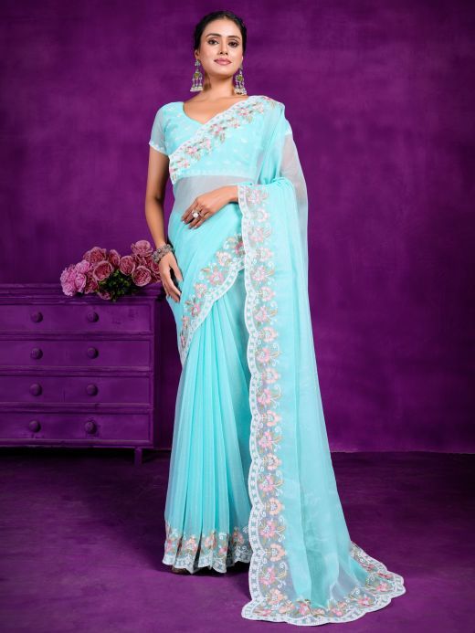 Mesmerizing Turquoise Lace Work Chiffon Party Wear Saree With Blouse