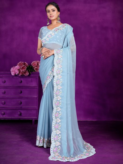 Bewitching Sky-Blue Lace Work Chiffon Festival Wear Saree With Blouse