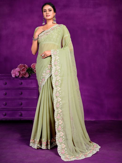 Beautiful Pista Green Lace Work Chiffon Event Wear Saree With Blouse