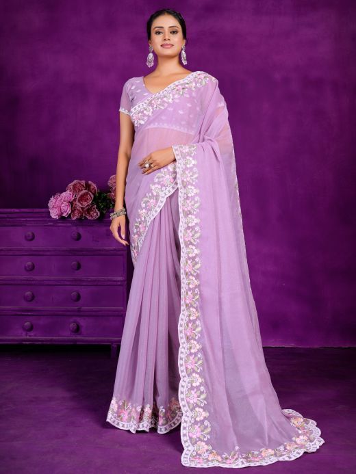 Stunning Lavender Lace Work Chiffon Designer Saree With Blouse