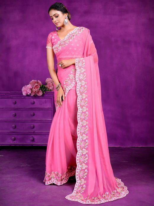 Captivating Pink Lace Work Chiffon Party Wear Saree With Blouse