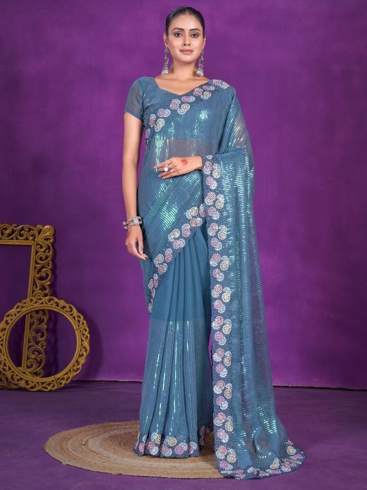 Mesmerizing Dusty Blue Sequins Organza Party Wear Saree With Blouse
