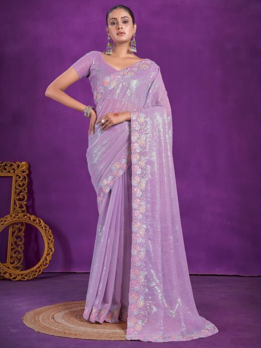 Captivating Lavender Sequins Organza Event Wear Saree With Blouse