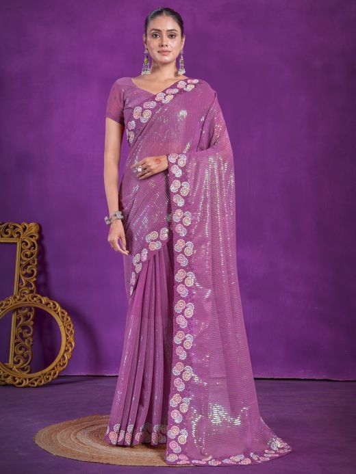 Alluring Purple Sequins Organza Party Wear Saree With Blouse