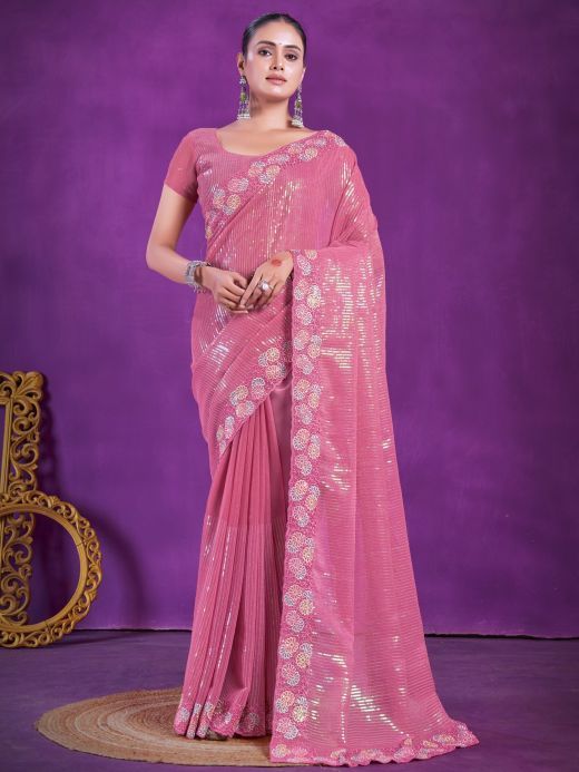 Glamorous Pink Sequins Organza Reception Wear Saree With Blouse