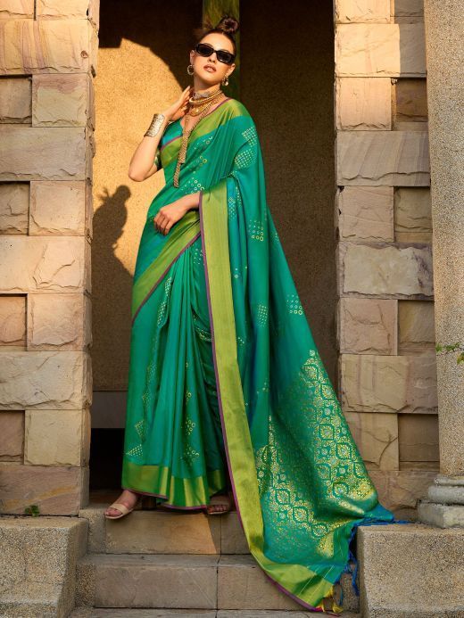 Enchanting Teal Green Zari Weaving Silk Function Wear Saree