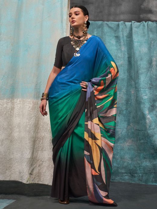 Stunning Multi-Color Printed Crepe Party Wear Saree With Blouse
