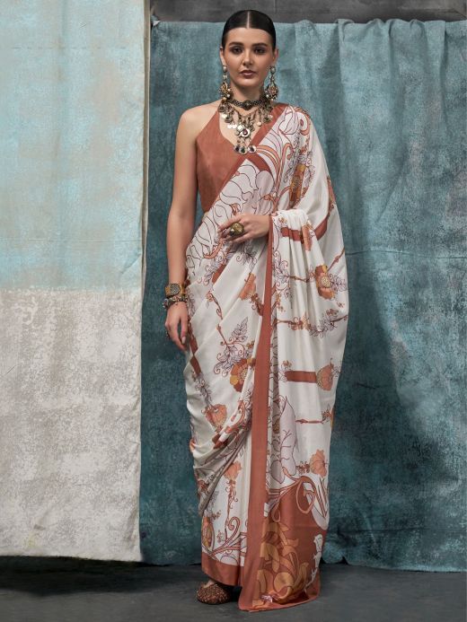 Adorable White Digital Printed Crape Trendy Saree With Blouse