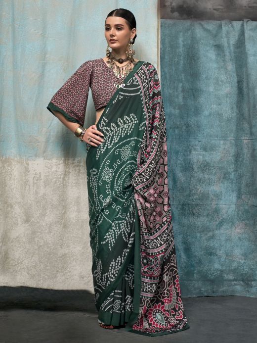 Lovable Green Printed Crepe Festival Wear Saree With Blouse
