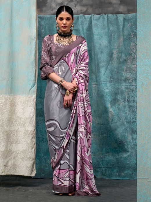 Sweet Grey Digital Printed Crepe Event Wear Saree With Blouse