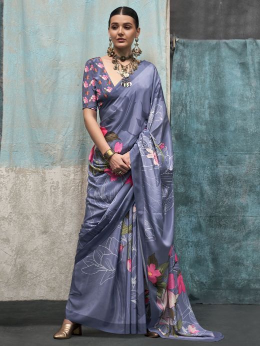 Beautiful Dusty Blue Floral Printed Crepe Party Wear Saree With Blouse