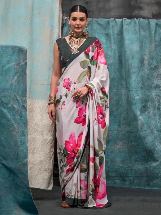 Stunning White Floral Printed Crape Festival Wear Saree With Blouse