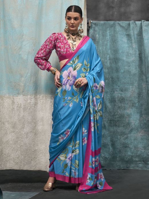 Glamorous Sky-Blue Floral Printed Crepe Event Wear Saree With Blouse