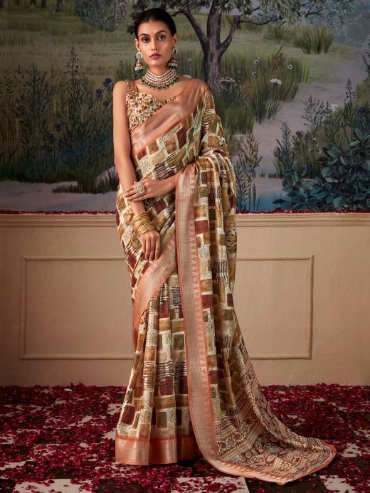 Bewitching Beige Digital Printed Silk Party Wear Saree With Blouse