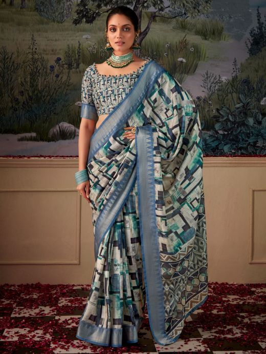 Alluring Blue & White Digital Printed Silk Function Wear Saree With Blouse