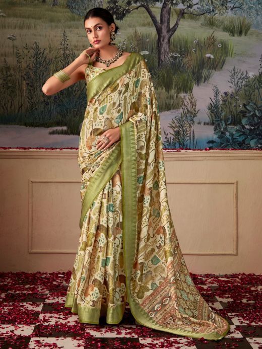 Enchanting Green & White Digital Printed Silk Saree With Blouse