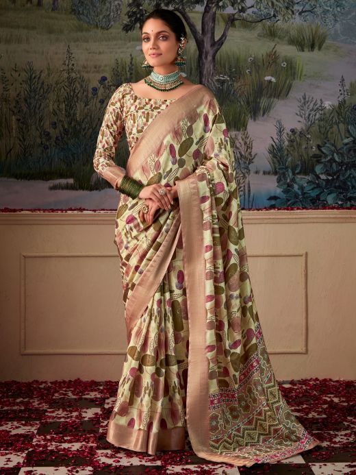 Astonishing Cream Digital Printed Silk Festival Wear Saree With Blouse