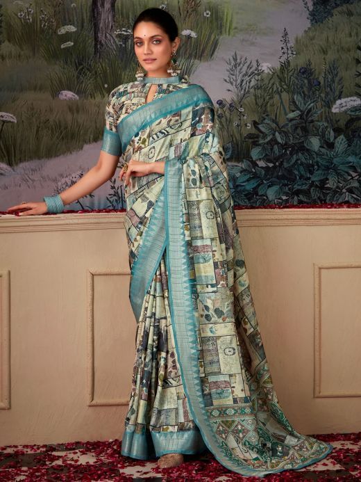 Wonderful Multi-Color Digital Printed Silk Event Wear Saree With Blouse
