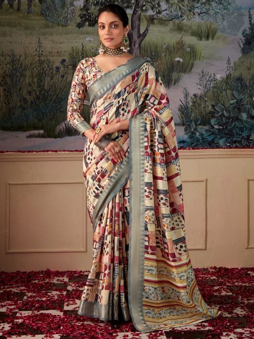 Awesome Multi-Color Digital Printed Silk Saree With Blouse