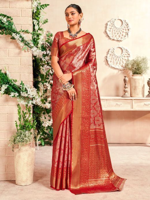 Mesmerizing Red Zari Weaving Silk Wedding Wear Saree With Blouse