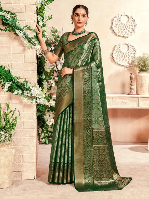 Fascinating Green Zari Weaving Silk Mehendi Wear Saree With Blouse