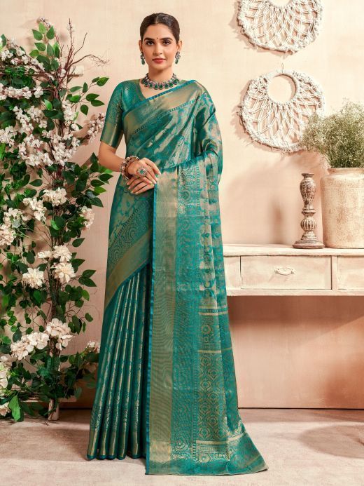 Alluring Teal Green Zari Weaving Silk Festival Wear Saree With Blouse