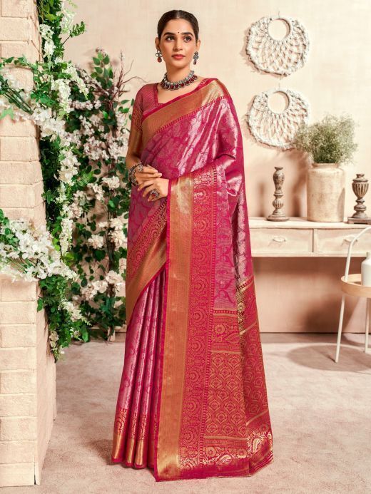 Charming Pink Zari Weaving Silk Traditional Saree With Blouse