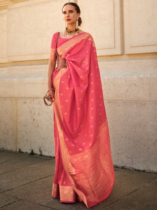 Lovely Coral Red Zari Weaving Silk Festival Wear Saree With Blouse