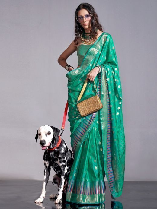 Astonishing Teal Green Zari Weaving Silk Festival Wear Saree With Blouse