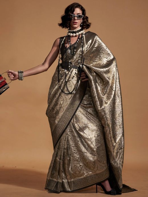 Beautiful Olive Green Zari Weaving Silk Reception Wear Saree 