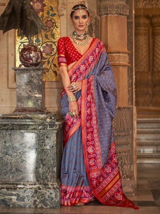 Attractive Navy Blue Patola Printed Silk Traditional Saree With Blouse
