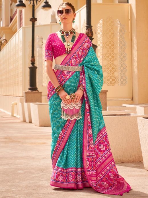Wonderful Teal Green Digital Printed Silk Wedding Saree With Blouse