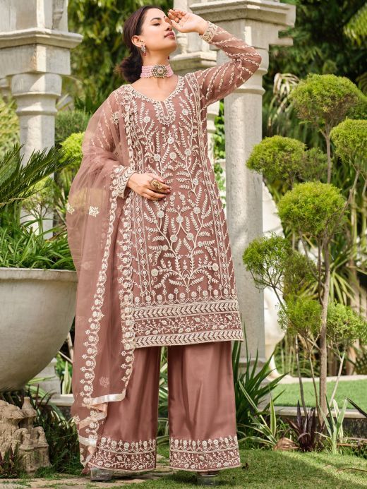 Astonishing Brown Embroidered Net Festival Wear Palazzo Suit