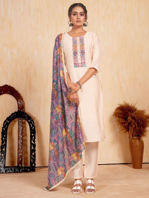 Outstanding Cream Embroidered Silk Festival Wear Pant Suit With Dupatta