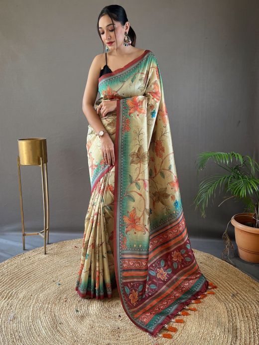 Charming Beige Kalamkari Printed Silk Festival Wear Saree With Blouse
