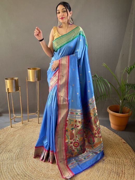 Outstanding Sky Blue Zari Weaving Paithani Silk Reception Wear Saree 