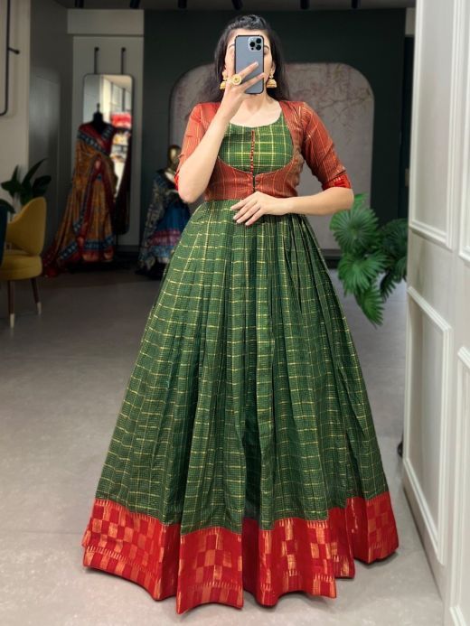 Charming Green Zari Weaving Cotton Festival Wear Gown With Koti