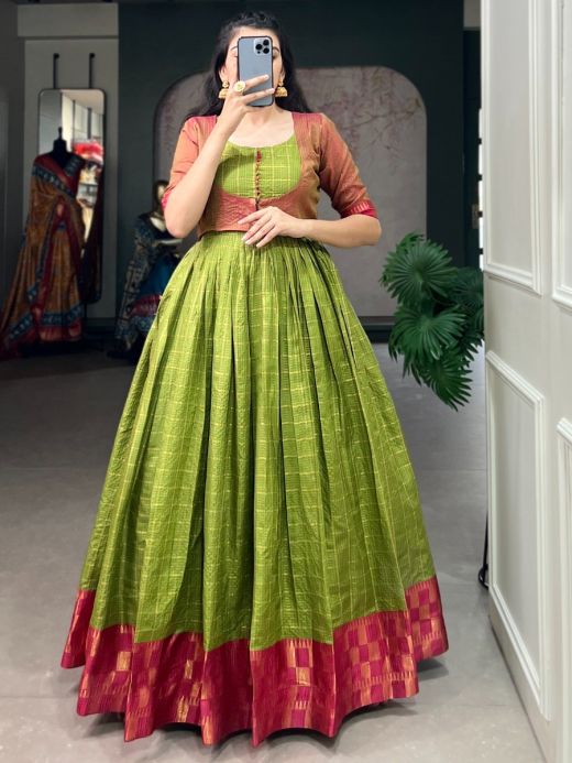 Precious Light Green Zari Weaving Cotton Traditional Gown With Koti