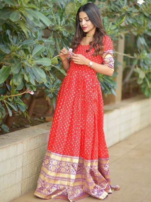 Classic Red Zari Weaving Banarasi Silk Festival Wear Gown