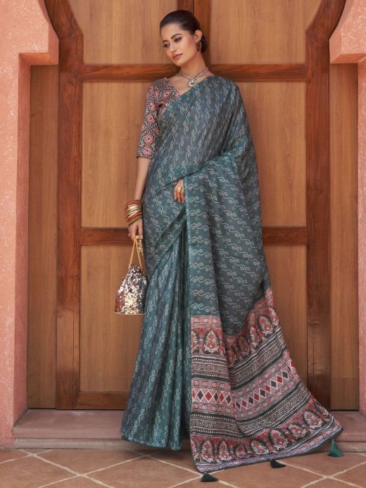 Stunning Blue Digital Printed Crepe Festive Wear Saree With Blouse