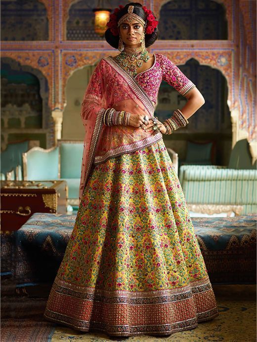 Shubhmangal Wedding Wear Green And Pink Color Heavy Embroidered Silk Lehenga  Choli at Rs 8950.00 in Surat