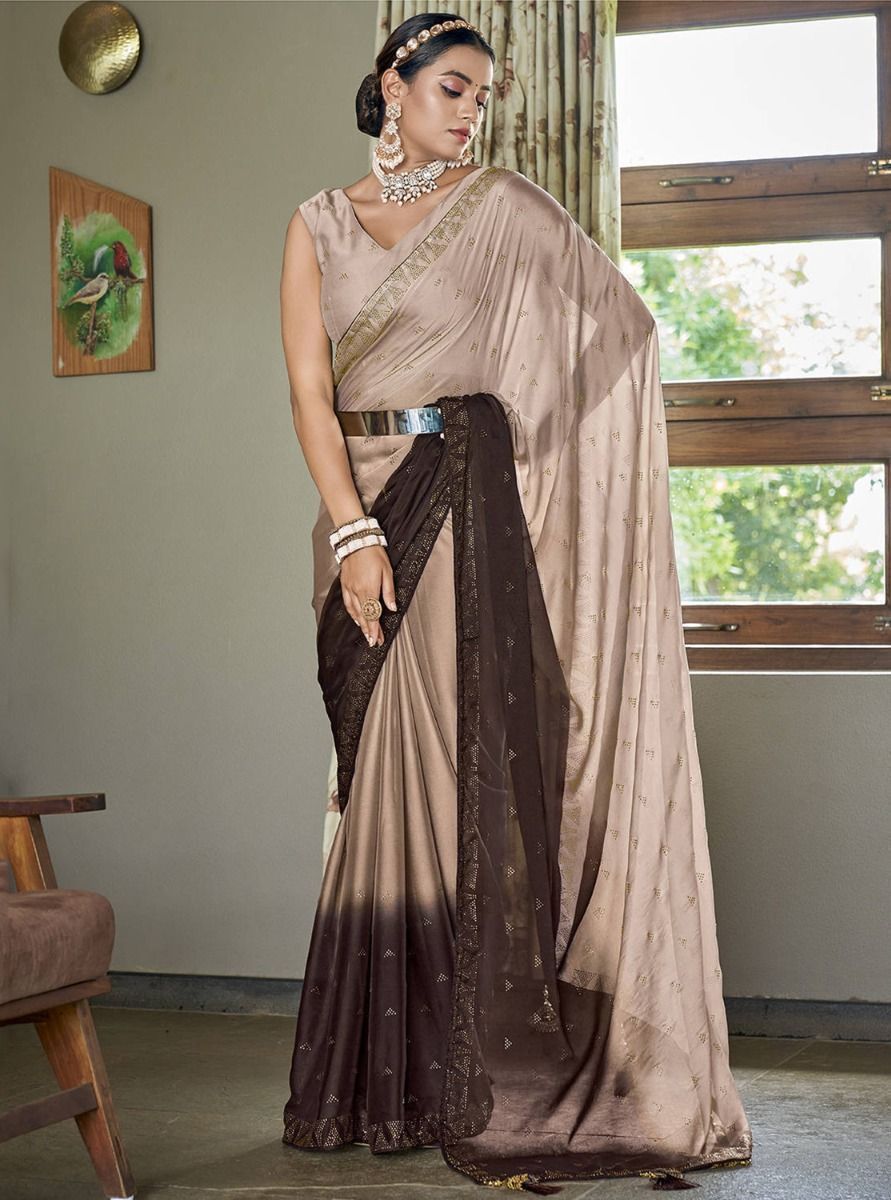 Buy Brown Shaded Swarovski Work Silk Saree With Blouse Online