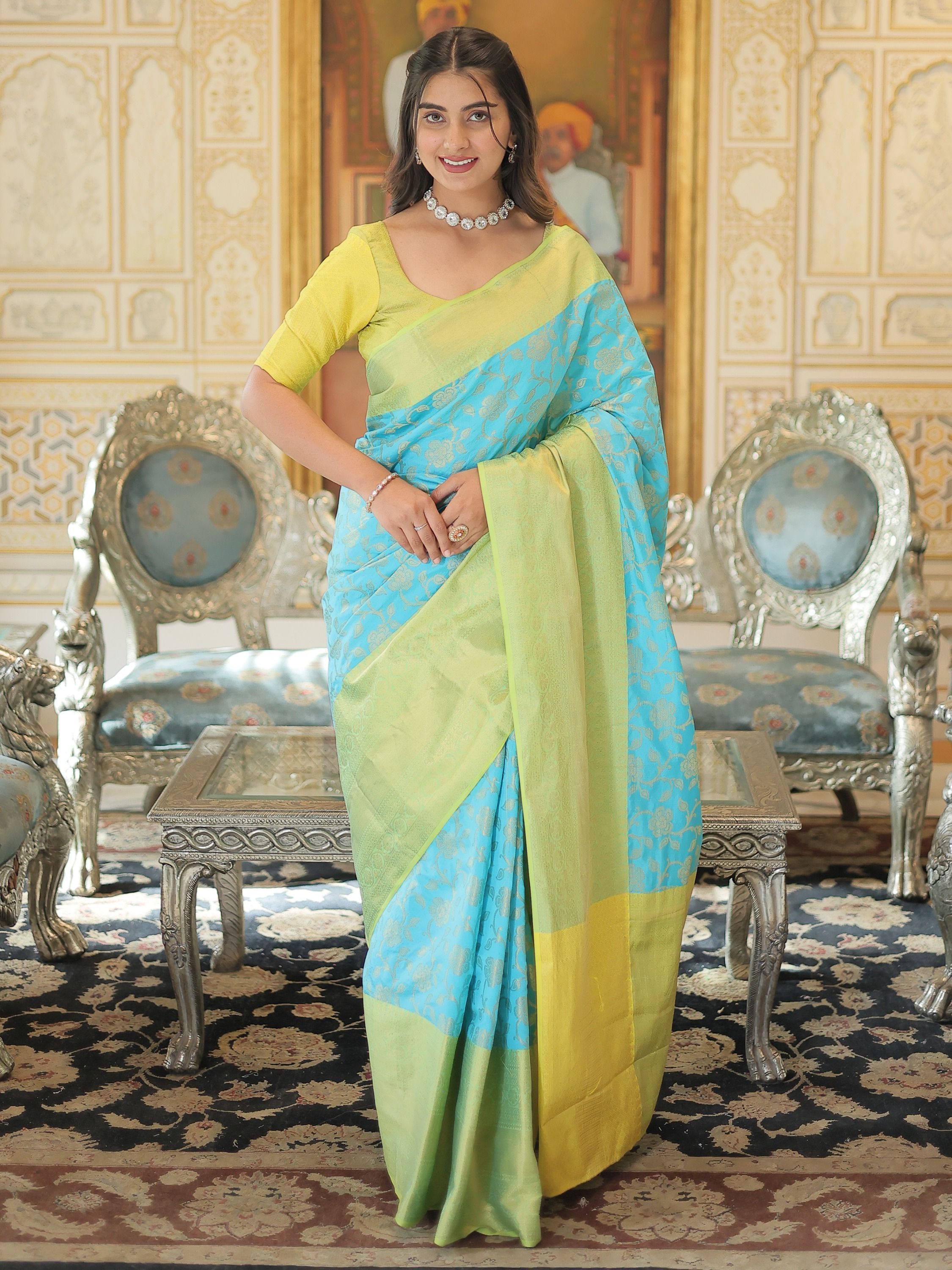 Gorgeous Sky-Blue Zari Weaving Kanjivaram Silk Saree With Blouse