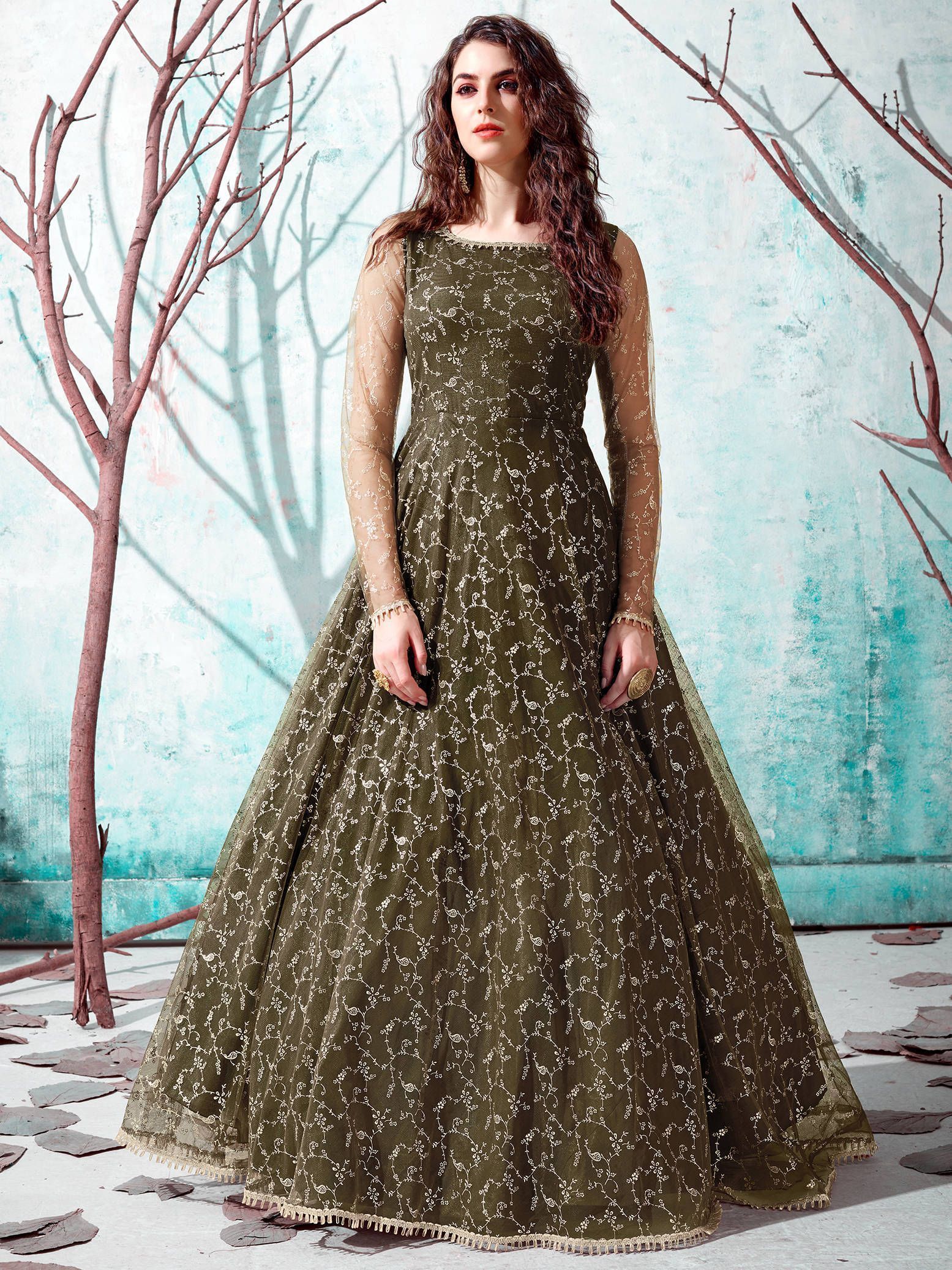 Buy Green Foil Work Net Party Wear Long Gown Online from EthnicPlus for  ₹1649